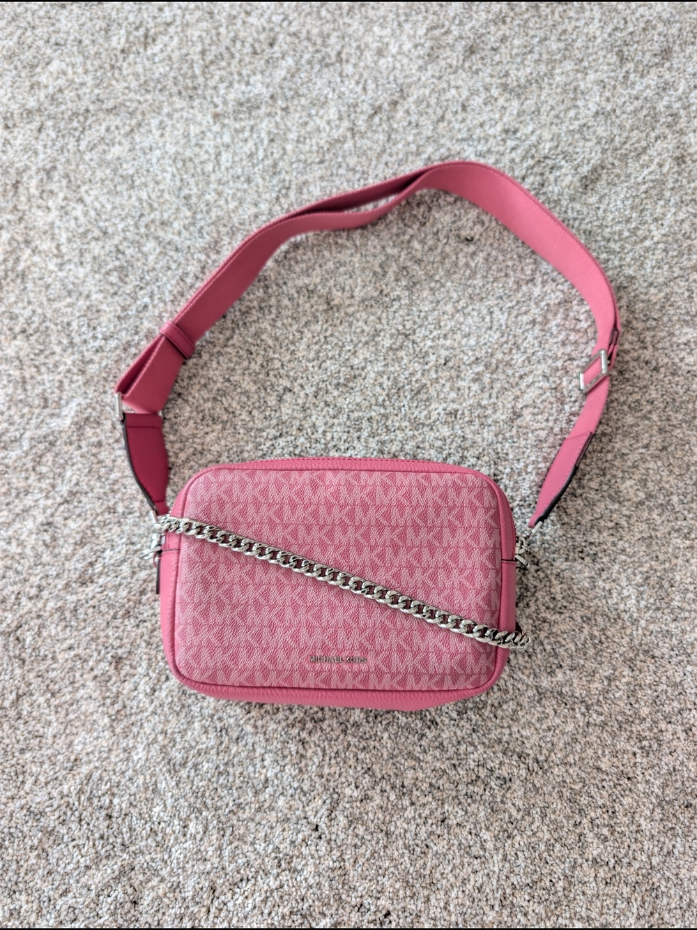 Michael Kors Pink Monogram Crossbody Double Zip Camera Bag